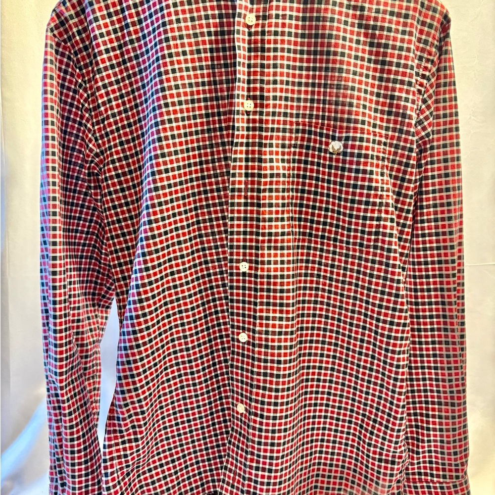 Button Down in Red Black Plaid by Cotton Brothers, 100% Cotton, Small
